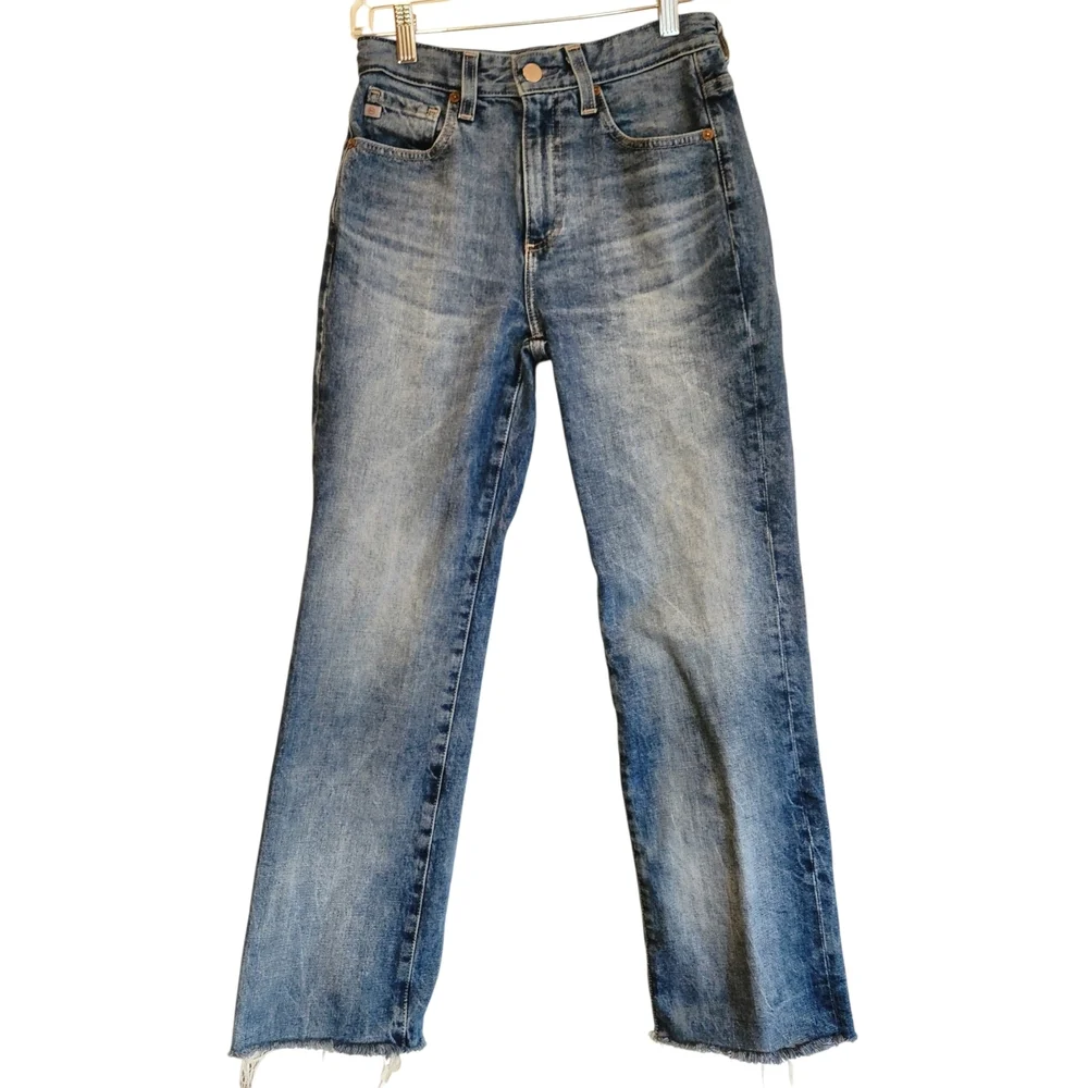 AG Contour 360 Kinsley High-Rise Pop Crop Raw Hem Jeans Size 24 Medium Wash Fray
